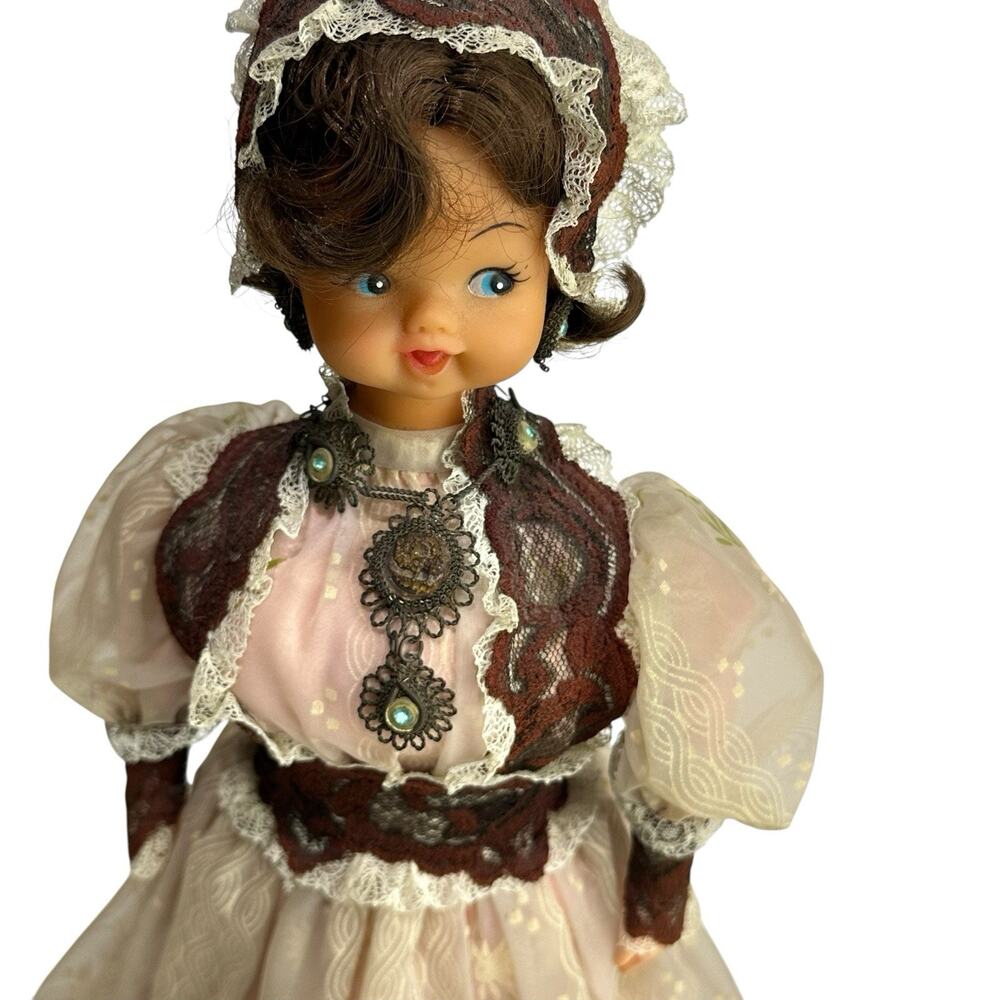 Vintage Victorian Style Souvenir Doll Lace Dress Metal Hoop Skirt 16”